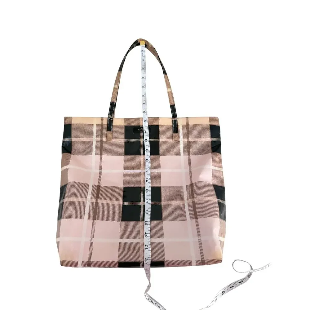 Kate Spade Bon Shopper Plaid Tote Bag Cream Taupe Coated Canvas